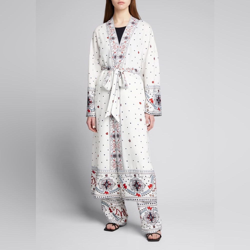 Badgley Mischka ivory white bon voyage polka dot kimono boho robe duster dress S